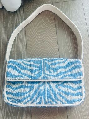 STAUD Blue and White Zebra Beaded Shoulder Bag